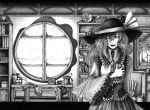  azelye bookshelf furby graphite_(medium) hand_on_own_chest hand_over_heart hane_(azelye) highres humpty_dumpty komeiji_koishi monochrome solo touhou traditional_media wind_turbine windmill window 