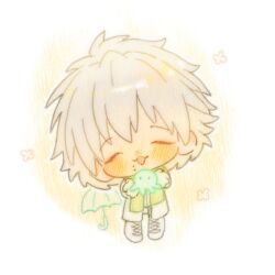  1boy animal blush boots chibi chibi_only clear_(dramatical_murder) coat commentary dramatical_murder english_commentary facing_viewer full_body happy_aura head_tilt highres holding holding_animal lace-up_boots male_focus mole mole_under_mouth scarf short_hair solo umbrella wavvvvve_golf white_boots white_coat white_hair yellow_scarf 