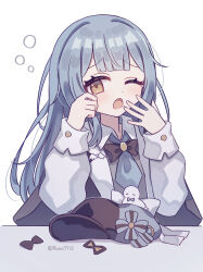  1girl :o absurdres black_bow black_capelet black_hat blue_hair blue_necktie blunt_bangs bow braid braided_hair_rings brown_eyes capelet commentary duplicate hair_rings hands_up hat highres long_hair long_sleeves looking_at_viewer mahou_shoujo_no_majo_saiban necktie one_eye_closed open_mouth pixel-perfect_duplicate runa_(runa7733) shirt simple_background solo squeans tachibana_sherry untranslatable_commentary unworn_hat unworn_headwear upper_body white_background white_shirt yawning 