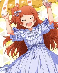  1girl :d ^_^ arms_up card_commentary closed_eyes commentary_request cowboy_shot dress facing_viewer fairy_tale_girly_(idolmaster) frilled_dress frilled_sleeves frills game_asset holding holding_pillow idolmaster idolmaster_million_live! idolmaster_million_live!_theater_days long_hair official_alternate_costume official_art ogami_tamaki one_side_up open_mouth orange_hair pajamas pillow purple_dress short_sleeves smile solo standing third-party_source v-shaped_eyebrows 