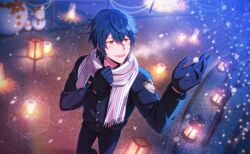  1boy black_gloves blue_gloves blue_hair blush game_asset gloves gray_reverse hair_between_eyes helios_rising_heroes highres jacket lantern long_sleeves male_focus night non-web_source official_art open_mouth orange_eyes outdoors pants scarf self-datamine short_hair smile snow snowing snowman solo teeth white_scarf 