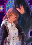  brown_hair couple formal gloves male original red_eyes stained_glass takekawa_shin 