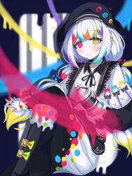  1girl beret black_hat black_jacket black_pantyhose black_shoes bow closed_mouth collared_shirt colored_tips green_bow hair_bow hat heterochromia highres holding holding_sword holding_weapon jacket jacket_partially_removed jogasaki_noah long_hair long_sleeves looking_at_viewer mahou_shoujo_no_majo_saiban multi-tied_hair multicolored_hair neck_ribbon off_shoulder paintbrush pantyhose polka_dot polka_dot_bow polka_dot_skirt red_eyes ribbon shirt shoes skirt smile solo streaked_hair sword user_mxtv5523 weapon white_hair white_shirt yellow_bow yellow_eyes 