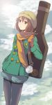  brown_hair gloves guitar_case hat hirasawa_yui instrument_case k-on! pantyhose scarf short_hair solo winter_clothes yanokun 