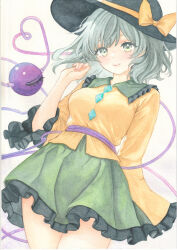  1girl black_hat bow breasts buttons chikichiita closed_mouth collared_shirt commentary diamond_button disembodied_linked_eye eyeball frilled_shirt_collar frilled_skirt frilled_sleeves frills green_eyes green_hair green_skirt hat hat_bow heart heart_of_string highres komeiji_koishi long_hair long_sleeves looking_at_viewer medium_breasts painting_(medium) shirt skirt smile solo touhou traditional_media watercolor_(medium) wide_sleeves yellow_bow yellow_shirt 