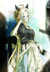  1girl ahoge animal_ears bag black_shirt blue_eyes blue_pants breasts clothes_around_waist commentary_request ear_covers handbag highres horse_ears horse_girl jacket long_hair looking_at_viewer medium_breasts multicolored_hair official_alternate_costume on_railing open_mouth orange_hair orfevre_(umamusume) pants railing semi-rimless_eyewear shirt short_sleeves smile sunglasses two-tone_hair umamusume under-rim_eyewear white_hair white_jacket yue_(lov_n_n) 