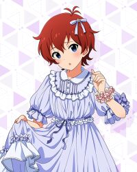  1girl :o blue_eyes card_commentary commentary_request cowboy_shot dress fairy_tale_girly_(idolmaster) frilled_dress frilled_sleeves frills game_asset hand_up head_tilt holding_own_dress idolmaster idolmaster_million_live! idolmaster_million_live!_theater_days julia_(idolmaster) looking_at_viewer official_alternate_costume official_art pajamas purple_dress red_hair short_hair short_sleeves solo standing third-party_source 