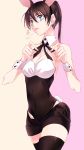  1girl alternate_costume animal_ears black_hair black_legwear bowtie bunny_girl bunnysuit fake_animal_ears gradient gradient_background kunizuka_yayoi long_hair pink_background ponytail psycho-pass rabbit_ears short_shorts shorts solo thigh-highs tima wrist_cuffs zettai_ryouiki 