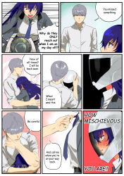  1boy 1girl absurdres blue_eyes blue_hair blush commentary_request detective english_text formal_clothes highres hug korean_commentary long_hair motor_vehicle motorcycle narukami_yu necktie persona persona_4 persona_x_detective reverse_trap shirogane_naoto tall_male thebestlesbird tomboy 