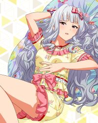  1girl bow card_commentary commentary_request floral_print floral_print_shirt frilled_shirt frilled_shorts frills game_asset grey_hair hair_bow happiness_roomwear_(idolmaster) idolmaster idolmaster_(classic) idolmaster_million_live! idolmaster_million_live!_theater_days long_hair looking_at_viewer official_alternate_costume official_art pajamas pink_bow pink_eyes pink_trim print_shirt print_shorts shijou_takane shirt shirt_bow short_sleeves shorts sitting solo third-party_source yellow_shirt yellow_shorts 