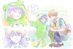  2boys aged_down animal animal_hood aqua_streaks bag blonde_hair blush blush_stickers boots brown_shoes child closed_eyes commentary_request frog_hood green_raincoat grey_pants head_tilt highres holding holding_animal holding_hands hood hood_up kamishiro_rui looking_at_another male_focus multicolored_hair multiple_boys necktie notice_lines open_mouth pants pgss_star pointing project_sekai purple_hair raincoat red_necktie rubber_boots scared shirt shoes short_hair shoulder_bag smile snail sparkle speech_bubble squatting streaked_hair sweater_vest tearing_up tenma_tsukasa translation_request turn_pale vest walking white_shirt yellow_boots yellow_eyes yellow_vest 