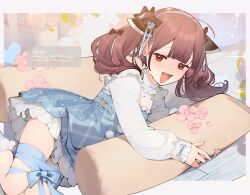  1girl ahoge black_bow blue_dress blue_nails blue_ribbon blush bound bouquet bow breasts brown_hair character_name commentary_request double-parted_bangs dress feet_out_of_frame flower frilled_dress frills hair_bow happy_birthday kiritanpo_(food) knife_hair_ornament long_sleeves looking_at_viewer lying on_side open_mouth outside_border oversized_food oversized_object pink_flower plaid_clothes plaid_dress red_eyes ribbon ribbon_bondage shirinda_fureiru short_dress sleeves_past_wrists small_breasts solo sparkle sweatdrop touhoku_kiritan twintails vocaloid voiceroid 