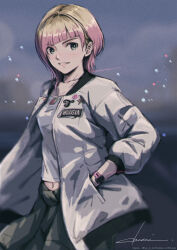  1girl absurdres ace_combat ace_combat_8 blonde_hair chasai collarbone commentary_request green_eyes green_pants highres jacket looking_at_viewer multicolored_hair navel pants smile solo tasha_(ace_combat) white_jacket 