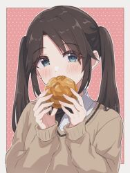  1girl black_hair blue_eyes blush brown_sweater dotted_background eating food highres holding holding_food idolmaster idolmaster_shiny_colors long_hair mitsumine_yuika pastry pink_background pippo_(pippo314) portrait shirt solo sweater twintails white_shirt 