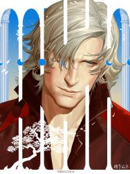  1boy artist_name blue_eyes coat commentary_request dante_(devil_may_cry) devil_may_cry_(series) highres long_hair male_focus messy_hair red_coat signature solo upper_body white_hair yingyuzi010523 