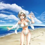  bikini breasts brown_eyes cleavage highres hoodie lowleg open_clothes open_shirt original pfu sandals shirt short_hair sleeves_rolled_up solo swimsuit white_hair 