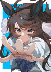  1girl amateru animal_ears aqua_eyes blue_background border brown_hair closed_mouth commentary_request daring_tact_(umamusume) hair_between_eyes highres horse_ears horse_girl long_hair looking_at_viewer multicolored_hair outside_border outstretched_arm reaching reaching_towards_viewer simple_background solo streaked_hair umamusume white_border white_streaks 