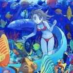  bikini blue_eyes brown_hair coral eel fish freediving lowres mat. oekaki short_hair swimsuit underwater wallpaper 