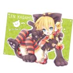  aqua_eyes bad_id bell blonde_hair cat_ears crossdressinging elbow_gloves gloves jingle_bell kagamine_len name_tag necktie open_mouth striped striped_legwear striped_thighhighs suzugo@erorin tail thigh-highs thighhighs trap vocaloid 