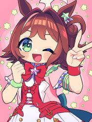  1girl absurdres ahoge animal_ears blush bow breasts brown_hair commentary_request dress green_eyes hair_between_eyes hair_ornament highres horse_ears horse_girl jacket looking_at_viewer medium_hair one_eye_closed open_mouth pink_jacket red_bow rhein_kraft_(dream_successor)_(umamusume) rhein_kraft_(umamusume) smile solo star_(symbol) star_hair_ornament star_in_eye star_ornament sumikawa_(sumikawa8v) symbol_in_eye tail umamusume v white_dress 
