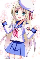  1girl :d angel_beats! beret blue_eyes blue_sailor_collar blue_skirt blush bow commentary company_connection cosplay cowboy_shot emblem eyes_visible_through_hair fang floral_background footwear_bow grey_hair hands_up hat hat_ribbon key_(company) lelie_(lelie_link) little_busters! long_hair looking_at_viewer miniskirt nakamura_yuri nakamura_yuri_(cosplay) neckerchief noumi_kudryavka open_mouth parted_bangs pink_neckerchief pink_ribbon pleated_skirt ribbon sailor_collar sailor_shirt school_uniform serafuku shinda_sekai_sensen_uniform shirt sidelocks simple_background skirt sleeves_past_wrists smile solo tareme thigh-highs very_long_hair w_arms white_background white_bow white_hat white_shirt white_thighhighs zettai_ryouiki 