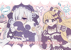  2girls 3girls absurdres artist_name bare_shoulders black_choker black_dress black_ribbon blonde_hair blue_dress blue_eyes blue_hairband bow braid choker crescent crescent_necklace cross cross_earrings dress dress_bow earrings fishnet_sleeves fishnets frilled_choker frilled_dress frilled_hairband frilled_skirt frilled_sleeves frills gothic_lolita hair_bow hair_over_one_eye hair_ribbon hairband highres holding holding_spray_can jewelry jogasaki_noah lolita_fashion lolita_hairband long_hair long_sleeves mahou_shoujo_no_majo_saiban mole mole_under_eye multiple_girls natsume_an-an necklace off-shoulder_dress off_shoulder open_mouth outline polka_dot polka_dot_bow ribbon ring runa_(runa7733) saeki_miria signature skirt sleeve_bow sleeves_past_fingers sleeves_past_wrists spray_can stuffed_animal stuffed_sheep stuffed_toy translation_request twitter_username violet_eyes white_hair white_outline wide_sleeves 