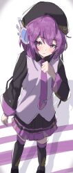  1girl absurdres akasa_natadekoko arm_at_side beret black_boots black_hat black_skirt black_sleeves blush boots closed_mouth collared_shirt commentary contrast_collar hand_up hat hat_writing highres long_sleeves looking_at_viewer miniskirt necktie pink_shirt pleated_skirt purple_hair purple_necktie purple_trim robot_ears shadow shirt short_hair skirt solo standing thigh_boots tie_clip utane_uta utau violet_eyes white_background 