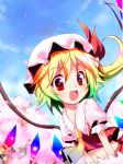  ascot bell_(artist) blonde_hair cherry_blossoms fang flandre_scarlet gradient_hair hat heart highres multicolored_hair open_mouth petals puffy_sleeves red_eyes ribbon short_hair short_sleeves side_ponytail smile symbol-shaped_pupils touhou wings 
