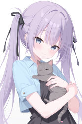  1/2_summer 1girl \||/ animal black_bow black_cat black_dress black_ribbon blue_eyes blue_shirt blush bow casual cat closed_mouth collared_shirt commentary cropped_shirt dress eyes_visible_through_hair hair_between_eyes hair_bow hair_intakes hair_ribbon hands_up highres holding holding_animal holding_cat kuonji_sora long_hair looking_at_viewer megimegyo open_clothes open_shirt purple_hair ribbon shirt short_sleeves sidelocks simple_background smile solo split_mouth twintails upper_body very_long_hair white_background 