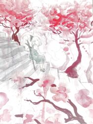  1girl cherry_blossoms expressionless full_body hair_ribbon hakugyokurou highres imageinthemaking konpaku_youmu konpaku_youmu_(ghost) looking_at_viewer looking_to_the_side medium_hair puffy_short_sleeves puffy_sleeves ribbon scabbard sheath sheathed shirt shoes short_sleeves sitting sitting_on_stairs skirt solo stairs touhou traditional_media tree vest wide_shot 