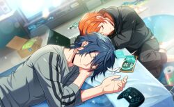  2boys bed black_hoodie black_pants blue_hair box closed_eyes closed_mouth controller fingernails game_asset game_console game_controller gray_reverse grey_shirt hair_between_eyes helios_rising_heroes highres hood hood_down hoodie indoors long_sleeves lying male_focus multiple_boys non-web_source official_art on_bed on_side orange_hair pants pillow self-datamine shirt short_hair sleeping smile socks television white_socks 