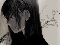  1girl black_hair commentary_request from_side gauss_<bokashi hair_behind_ear monochrome original simple_background solo 