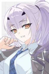  1girl 9g0_00 alternate_costume blazer commentary fate/grand_order fate_(series) grey_hair jacket looking_at_viewer melusine_(fate) necktie orange_eyes school_uniform smile solo untranslatable_commentary 