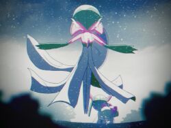  4others bob_cut bowl_cut colored_skin dress floating gardevoir glowing glowing_eyes green_hair green_skin horns kirlia mochivee_art multicolored_skin multiple_others pokemon pokemon_(creature) ralts sidelocks snowing two-tone_skin white_dress white_skin 