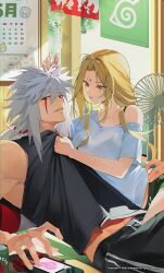  1boy 1girl 404nfzzi assertive_female black_shirt blonde_hair facial_mark hair_between_eyes highres jiraiya_(naruto) long_hair looking_at_another naruto_(series) ponytail shirt short_hair sleeveless sleeveless_shirt smile spiky_hair tsunade_(naruto) white_hair white_shirt 