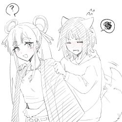  2girls ? animal_ears blush cho_kaguya-hime! cleavage_cutout closed_eyes clothing_cutout collarbone commentary flying_sweatdrops forehead_jewel fox_ears fox_tail greyscale hair_ornament hair_rings hair_stick midriff monochrome multiple_girls open_mouth runami_yachiyo runami_yachiyo_(kassen) runami_yachiyo_(tsukuyomi) sakayori_iroha sakayori_iroha_(tsukuyomi) simple_background spoken_question_mark spoken_squiggle spot_color squiggle syunka_11 tail tail_wagging twintails upper_body white_background yuri 