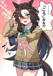  1girl @_@ absurdres alternate_costume animal_ears bag blush bow brown_cardigan brown_hair cardigan collared_shirt commentary_request embarrassed flying_sweatdrops green_bow green_eyes grey_skirt gyaru_v hair_between_eyes highres holding horse_ears horse_girl horse_tail long_hair long_sleeves looking_at_viewer missan_sun nervous_sweating open_mouth plaid_clothes plaid_skirt school_bag school_uniform shirt skirt smile solo speech_bubble speed_symboli_(umamusume) striped_bow sweat tail umamusume v white_shirt 