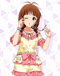  1girl akizuki_ritsuko antenna_hair bow braid brown_eyes brown_hair card_commentary commentary_request cowboy_shot floral_print floral_print_shirt frilled_shirt frilled_shorts frills game_asset glasses hair_bow happiness_roomwear_(idolmaster) holding holding_removed_eyewear idolmaster idolmaster_(classic) idolmaster_million_live! idolmaster_million_live!_theater_days looking_at_viewer medium_hair official_alternate_costume official_art one_eye_closed pajamas pink_bow pink_trim print_shirt print_shorts rubbing_eyes shirt shirt_bow short_sleeves shorts solo standing third-party_source twin_braids unworn_eyewear yellow_shirt yellow_shorts 