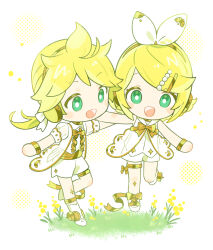  1boy 1girl :d antenna_hair blonde_hair blush_stickers bon_bon_eee bow bracelet bright_pupils chibi collared_shirt commentary_request double-parted_bangs flower full_body gold_choker gramophone_len gramophone_rin grass green_eyes hair_bow hair_ornament hairclip halftone halftone_background headphones highres jewelry kagamine_len kagamine_rin long_hair low_ponytail medium_hair miku_symphony_(vocaloid) open_mouth parallel_hairclips parted_bangs ponytail sailor_collar shirt shoes short_shorts short_sleeves shorts sidelocks simple_background sleeveless sleeveless_shirt smile symphony_len symphony_rin thigh_strap vocaloid white_background white_bow white_pupils white_sailor_collar white_shirt white_shoes white_shorts yellow_flower 