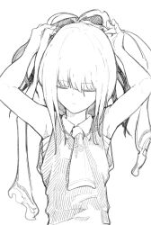  1girl ascot bow chest_sarashi closed_eyes closed_mouth commentary_request facing_viewer greyscale hair_bow hakurei_reimu highres long_hair monochrome no_detached_sleeves sarashi sashimi_oniku shirt sleeveless sleeveless_shirt solo touhou upper_body 