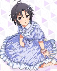  1girl :o antenna_hair black_hair card_commentary commentary_request dress fairy_tale_girly_(idolmaster) frilled_dress frilled_sleeves frills game_asset idolmaster idolmaster_(classic) idolmaster_million_live! idolmaster_million_live!_theater_days kikuchi_makoto looking_at_viewer official_alternate_costume official_art open_mouth pajamas purple_dress raised_inner_eyebrows short_hair short_sleeves sitting solo third-party_source turning_head violet_eyes 