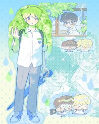  >_< 2boys blonde_hair blue_shoes blue_umbrella brown_eyes brown_hair chibi closed_eyes closed_umbrella collared_shirt commentary cottonworld full_body glasses grey_pants highres holding holding_umbrella leaf male_focus multiple_boys open_mouth original pants parted_lips puddle rain shirt shoes short_hair short_sleeves sneakers standing umbrella untranslatable_commentary white_shirt window 