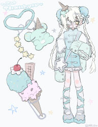  1girl am314 braid bun_cover charm_(object) chinese_clothes commentary_request commission commissioner_name double_bun eyepatch food food_on_head full_body hair_bun highres ice_cream ice_cream_cone kneehighs long_hair long_sleeves medical_eyepatch object_on_head one_eye_covered original skeb_commission socks solo standing twin_braids 