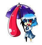  1girl blue_eyes blue_hair chibi eiri_(eirri) heterochromia highres karakasa_obake red_eyes short_hair solo tatara_kogasa tongue touhou umbrella 