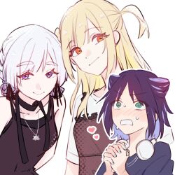  3girls @_@ bare_shoulders blonde_hair blue_hair blue_nails blush braid braided_hair_rings cho_kaguya-hime! commentary cone_hair_bun earphones_around_neck hair_bun hair_rings heart interlocked_fingers jewelry kaguya_(cho_kaguya-hime!) kaguya_(wego)_(cho_kaguya-hime!) multicolored_hair multiple_girls necklace one_side_up own_hands_clasped own_hands_together pink_hair purple_hair red_eyes runami_yachiyo runami_yachiyo_(wego) sakayori_iroha sakayori_iroha_(wego) short_hair short_sleeves simple_background smile sweat syunka_11 two-tone_hair upper_body white_background white_hair yuri 