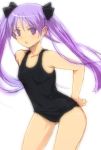  frown hair_ribbon hand_on_hip hiiragi_kagami kage_yuu long_hair lucky_star one-piece_swimsuit purple_eyes purple_hair ribbon school_swimsuit simple_background solo swimsuit tsurime twintails 