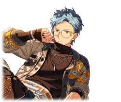 1boy asch_albright belt bespectacled black_nails black_sweater blue_hair bracelet chain chain_necklace earrings eyewear_strap fingernails floral_print glasses grey_hair hair_ornament hairclip helios_rising_heroes jacket jewelry long_sleeves looking_at_viewer male_focus multicolored_hair nail_polish necklace non-web_source official_alternate_costume official_art open_clothes open_jacket orange_eyes pants parted_lips print_jacket short_hair solo sweater teeth transparent_background turtleneck turtleneck_sweater 