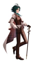  1boy aqua_hair black_hair brown_cape brown_gloves brown_pants brown_shoes brown_vest cape closed_mouth facial_mark forehead_mark genshin_impact gloves highres holding holding_staff long_hair male_focus multicolored_hair pants shirt shoes short_hair_with_long_locks solo staff vest warp226 white_cape white_shirt xiao_(genshin_impact) yellow_eyes 