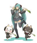  black_cat blue_eyes blue_hair cat cosplay crossover detached_sleeves doko_demo_issho hatsune_miku hatsune_miku_(cosplay) inoue_toro kuro_(doko_demo_issho) legs long_hair necktie skirt spring_onion thigh-highs thighhighs tomohito twintails very_long_hair vocaloid wink zettai_ryouiki 