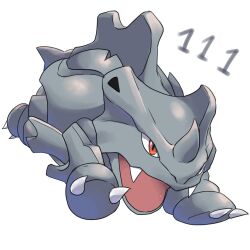  commentary_request fangs full_body horns no_humans okiza_yuuri open_mouth pokedex_number pokemon pokemon_(creature) pokemon_focus red_eyes rhyhorn simple_background single_horn solo white_background 